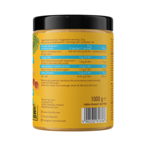 OstroVit 100% Peanut Butter 1000 g – Smooth zemesriekstu sviests bez piedevām