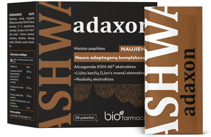 BIOFARMACIJA Ashwa adaxon – 28 paciņas pulvera formas adaptogēns komplekss