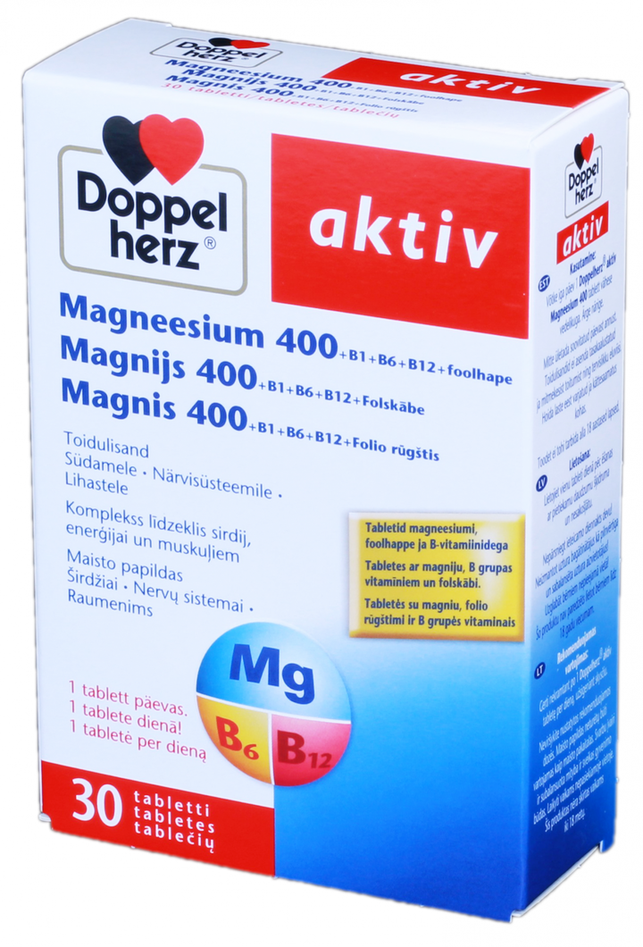 DOPPELHERZ Activ 400 Magnijs tabletes ar B1, B6, B12 vitamīniem, 30 gab.