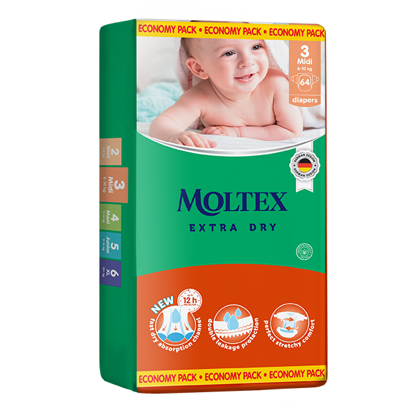 MOLTEX Extra Dry autiņbiksītes MIDI, 64 gabali