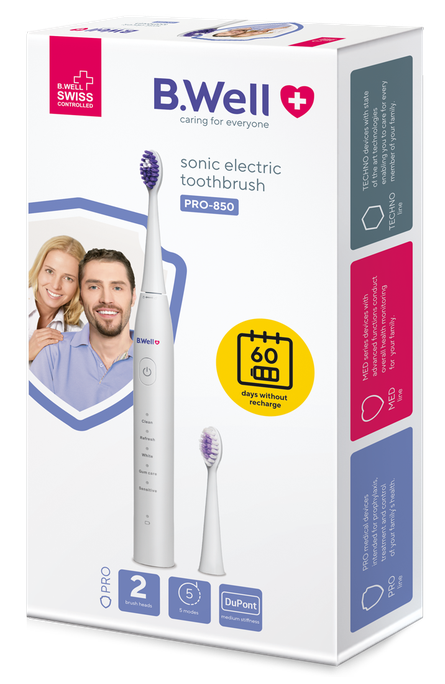 B.WELL Pro-850 Sonic balta soniskā zobu birste – 1 gab.