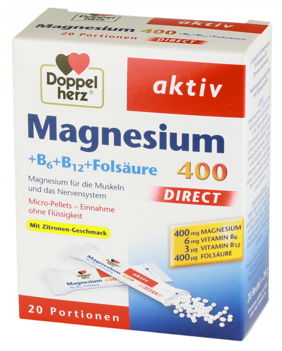 DOPPELHERZ Aktiv B6 + B12 + Folskābe un Magnijs 400 Direct paciņas 20 gab.