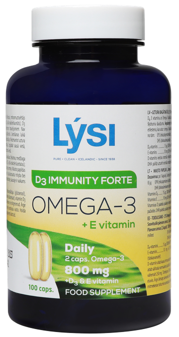 LYSI Omega-3 ar D3 un E vitamīniem imunitātes stiprināšanai, 100 kapsulas