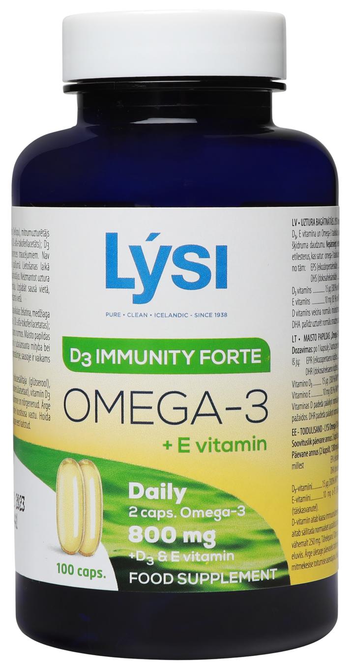 LYSI Omega-3 ar D3 un E vitamīniem imunitātes stiprināšanai, 100 kapsulas