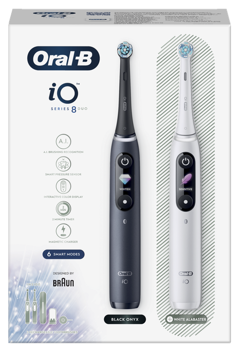 ORAL-B iO8 Duo elektriskā zobu birste melnas un baltas krāsas, 2 vienības