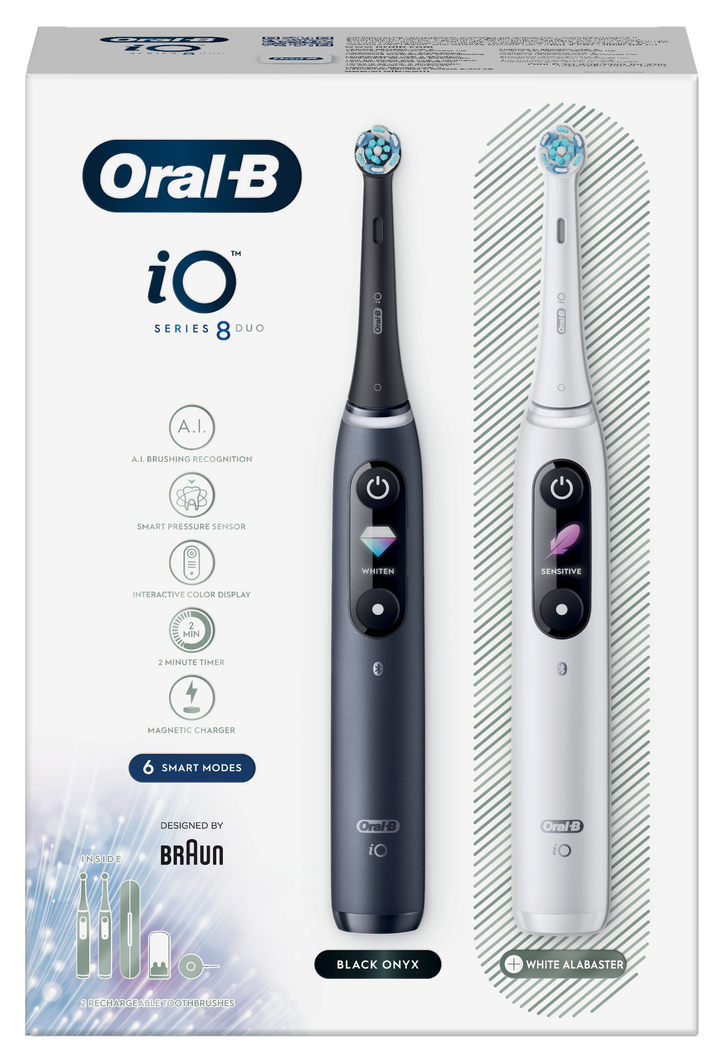 ORAL-B iO8 Duo elektriskā zobu birste melnas un baltas krāsas, 2 vienības