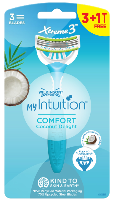WILKINSON SWORD MyIntuition Comfort Coconut Delight Xtreme Vienreizējās lietošanas skuvekļi sievietēm, 4 gab.