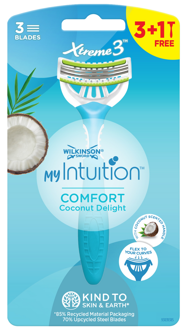 WILKINSON SWORD MyIntuition Comfort Coconut Delight Xtreme Vienreizējās lietošanas skuvekļi sievietēm, 4 gab.
