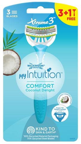 WILKINSON SWORD MyIntuition Comfort Coconut Delight Xtreme Vienreizējās lietošanas skuvekļi sievietēm, 4 gab.