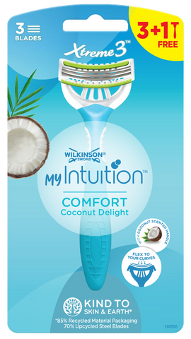 WILKINSON SWORD MyIntuition Comfort Coconut Delight Xtreme Vienreizējās lietošanas skuvekļi sievietēm, 4 gab.
