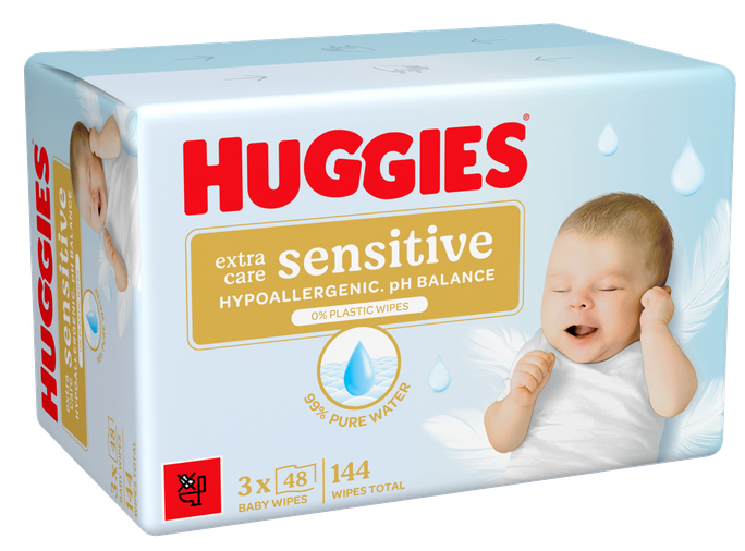 HUGGIES Extra Care Sensitive — mitrās salvetes bez plastmasas (3 gab., 48 gab.)