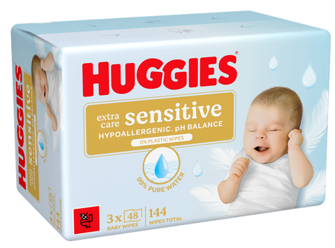 HUGGIES Extra Care Sensitive — mitrās salvetes bez plastmasas (3 gab., 48 gab.)