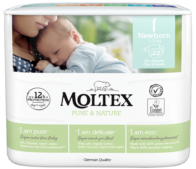 MOLTEX Eco Pure & Nature 1. izmērs (2-4 kg) – 22 autiņbiksītes jaundzimušajiem