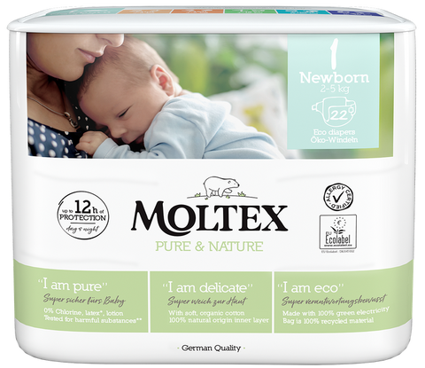 MOLTEX Eco Pure & Nature 1. izmērs (2-4 kg) – 22 autiņbiksītes jaundzimušajiem