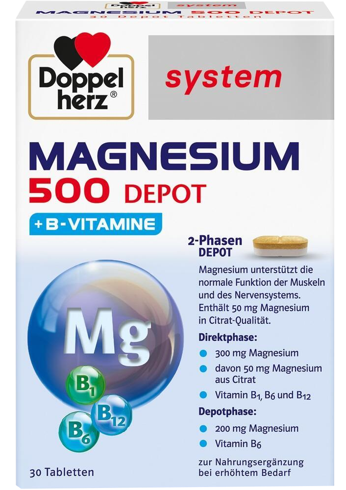 DOPPELHERZ Magnesium 500 Depot tabletes ar B vitamīniem, 30 gab.