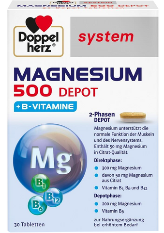 DOPPELHERZ Magnesium 500 Depot tabletes ar B vitamīniem, 30 gab.