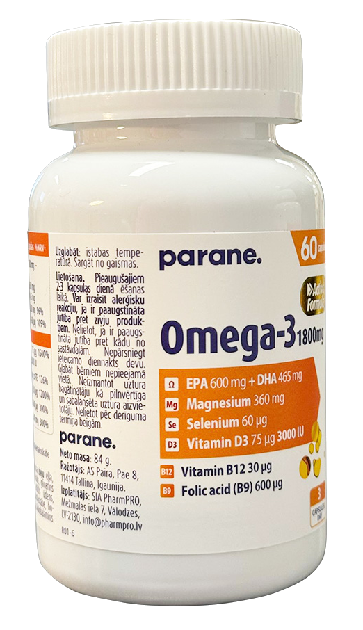 PARENE Kapsulas ar Omega-3 1800 mg, Magniju, Selēnu un Vitamīniem D3, 60 gab.