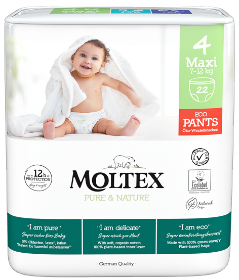 MOLTEX Pure & Nature MAXI bērnu biksītes 4. izmērs (7-12 kg), iepakojumā 22 gab.