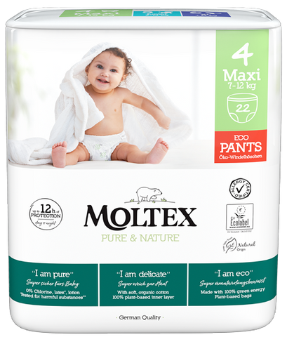 MOLTEX Pure & Nature MAXI bērnu biksītes 4. izmērs (7-12 kg), iepakojumā 22 gab.