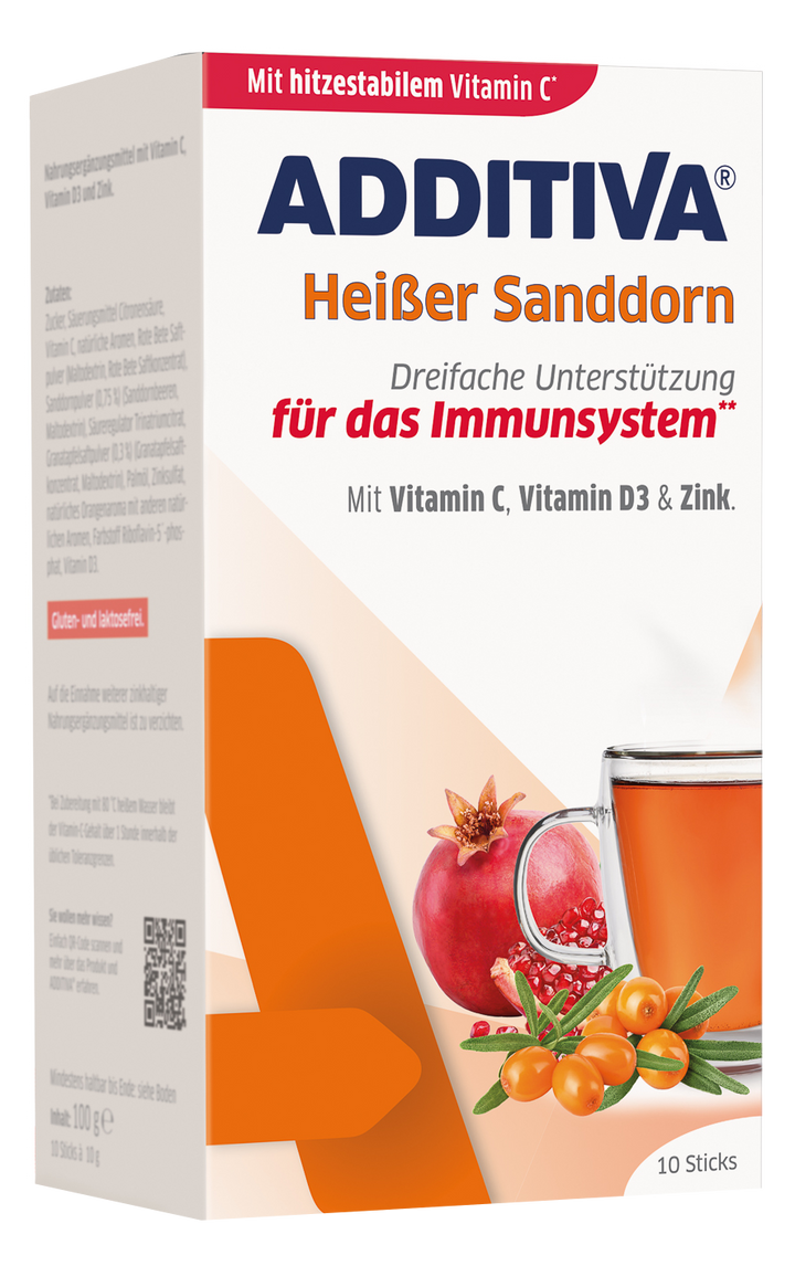 ADDITIVA C vitamīns + cinks + D3 vitamīns smiltsērkšķu karstais dzēriens, 10 paciņas