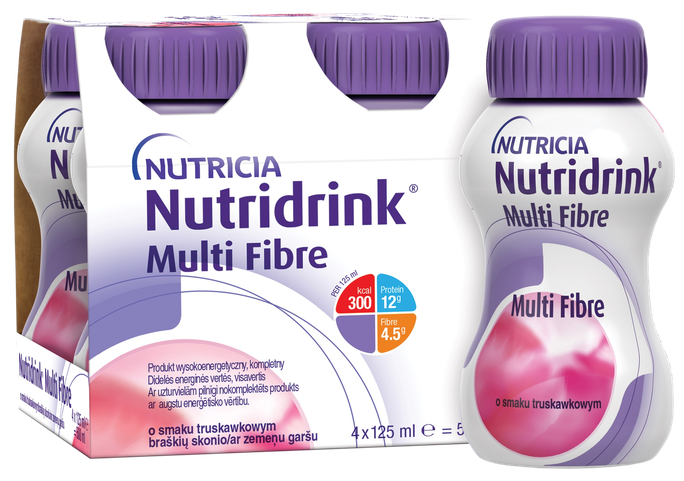 NUTRICIA Nutridrink Multi Fibre zemeņu garšas dzēriens 125 ml, 4 gab., 2,4 kcal/ml