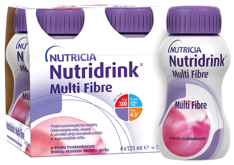 NUTRICIA Nutridrink Multi Fibre zemeņu garšas dzēriens 125 ml, 4 gab., 2,4 kcal/ml