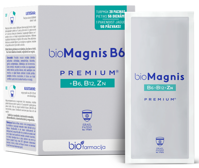 BIOFARMACIJA Biomagnis B6 premium - magnijs, B6, B12 vitamīni un cinks, 28 pudeļu pulveris