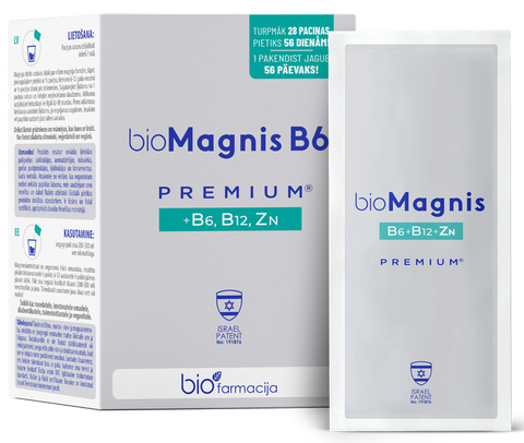 BIOFARMACIJA Biomagnis B6 premium - magnijs, B6, B12 vitamīni un cinks, 28 pudeļu pulveris