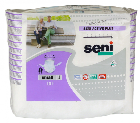 SENI Active Plus S biksītes urīna nesaturēšanai (55-85 cm), iepakojums 10 gab.