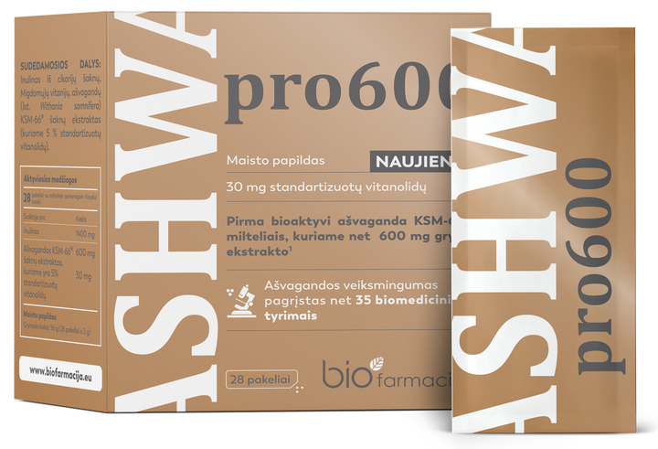 BIOFARMACIJA Ashwa pro600 - ašvagandas pulveris 28 paciņās