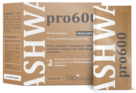 BIOFARMACIJA Ashwa pro600 - ašvagandas pulveris 28 paciņās