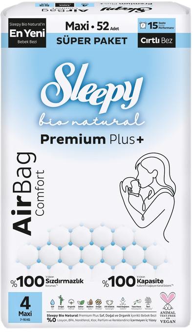 SLEEPY Bio Natural Premium Maxi Nr.4 autiņbiksītes 7-16kg, komplektā 52 gab.