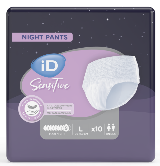 ID Sensitive Maxi L (100-150 cm) Naktīs – urīna un fēču absorbējošas biksītes, 10 gab.