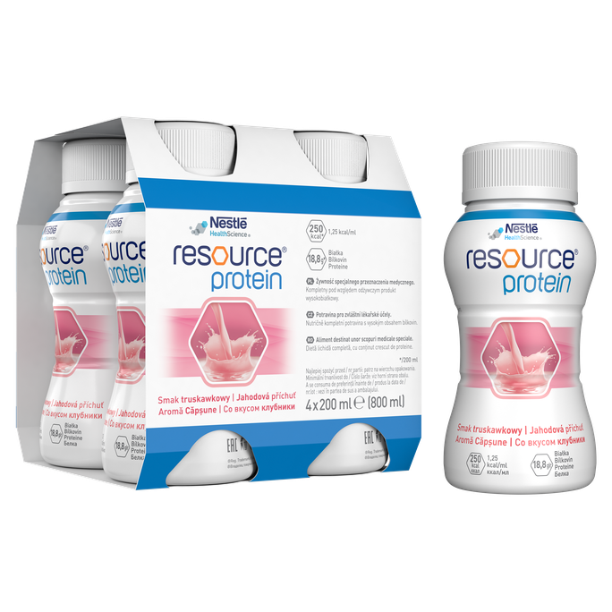 NESTLE Resource Protein zemeņu garšas, 200 ml, komplekts no 4 gab.