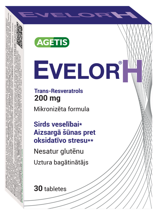 Tabletes EVELOR H 200 mg ar trans-resveratroliem, 30 gab.