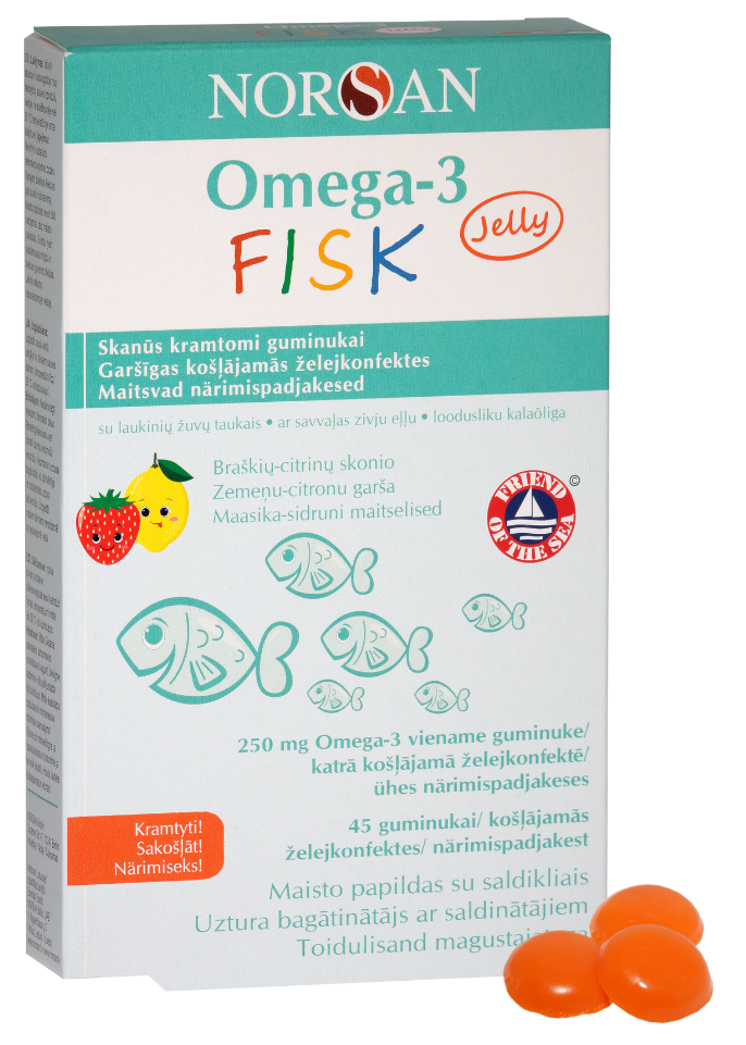 NORSAN Omega-3 želejas konfektes ar zemeņu un citronu gardu, 45 gab. (Zivju eļļa)