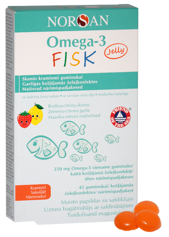 NORSAN Omega-3 želejas konfektes ar zemeņu un citronu gardu, 45 gab. (Zivju eļļa)