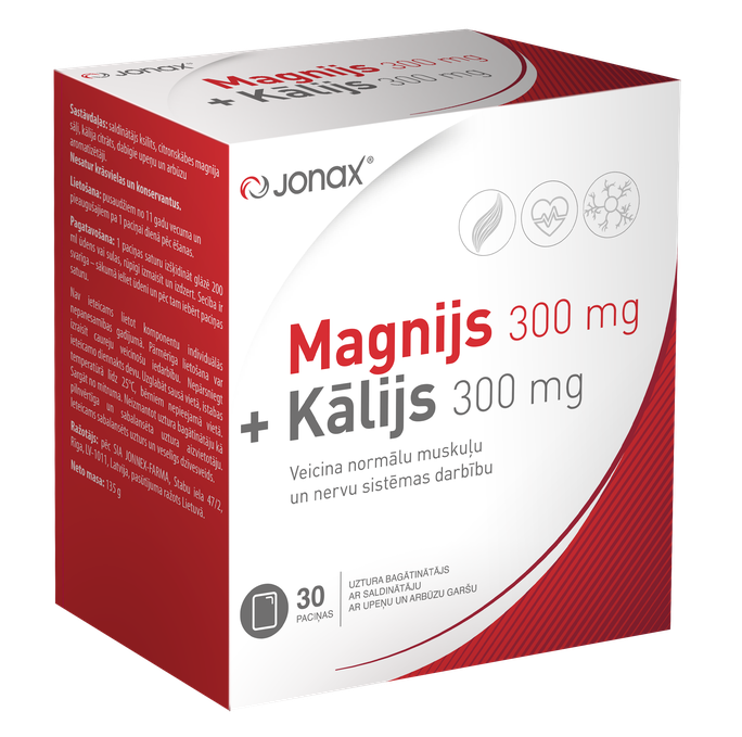JONAX Magnijs 300 mg un Kālijs 300 mg saišķos, iepakojums 30 gab.