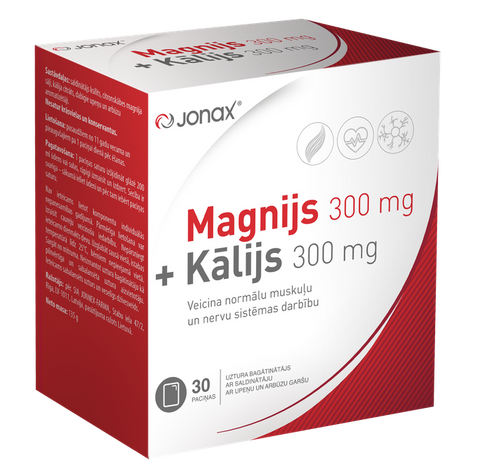 JONAX Magnijs 300 mg un Kālijs 300 mg saišķos, iepakojums 30 gab.