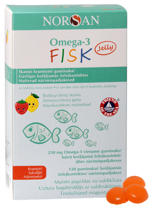 NORSAN Omega-3 Želejas Konfektes ar Citronu un Zemeņu Garšu (120 gab.) — Zivju Eļļa