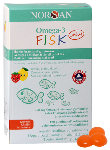 NORSAN Omega-3 Želejas Konfektes ar Citronu un Zemeņu Garšu (120 gab.) — Zivju Eļļa