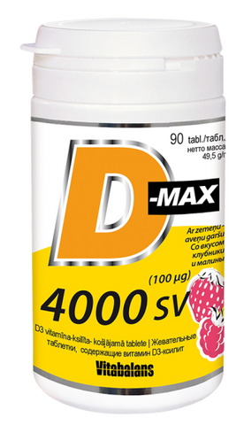 VITABALANS D-Max – 4000 SV košļājamās tabletes ar D vitamīnu (100 µg), 90 gab.