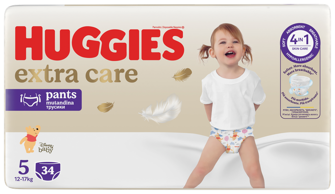 HUGGIES Extra Care biksītes S5 (12-17kg), 34 gab. — Pants ar četrkārtēju aizsardzību