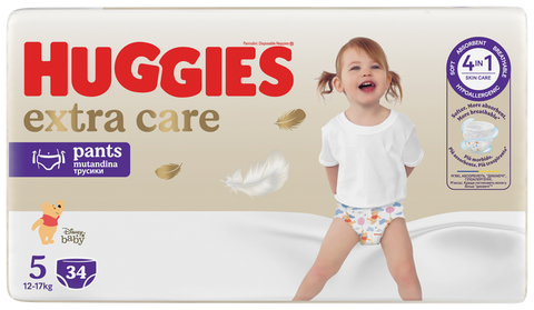 HUGGIES Extra Care biksītes S5 (12-17kg), 34 gab. — Pants ar četrkārtēju aizsardzību