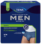 TENA Men Pants Plus (zilas) S/M izmēra urīnas aizsardzības biksītes, iepakojumā 12 gab.
