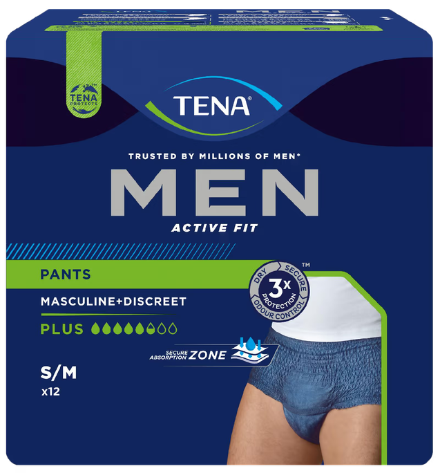 TENA Men Pants Plus (zilas) S/M izmēra urīnas aizsardzības biksītes, iepakojumā 12 gab.