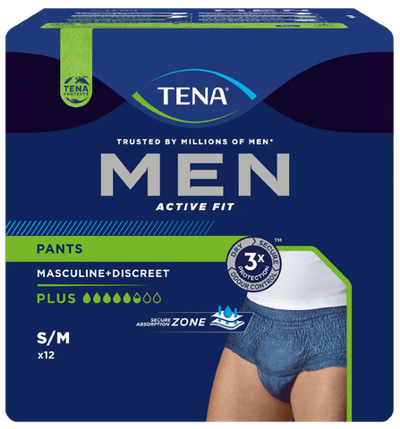 TENA Men Pants Plus (zilas) S/M izmēra urīnas aizsardzības biksītes, iepakojumā 12 gab.