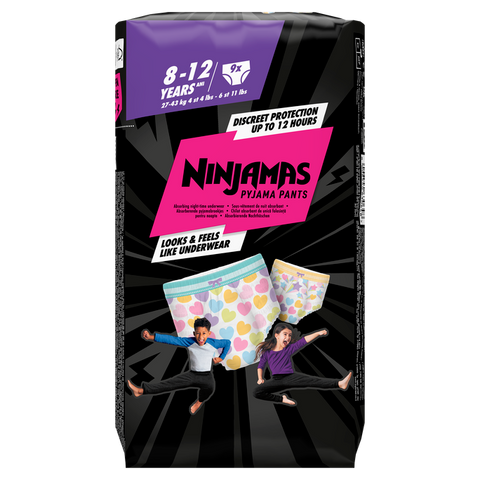 PAMPERS Ninjamas Pink biksītes naktij, 8-12 gadi, 27-43 kg, 9 gab.
