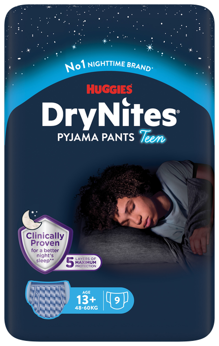 DryNites Teen boy 13+, 49-60kg autiņbiksītes, 9 gab. HUGGIES naktsveļā