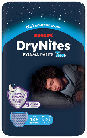 DryNites Teen boy 13+, 49-60kg autiņbiksītes, 9 gab. HUGGIES naktsveļā
